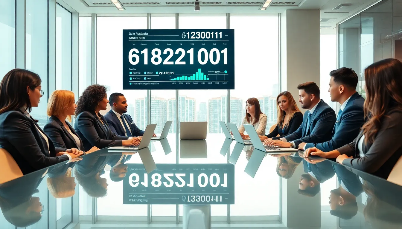 diverse team collaborating over data in a sleek office setting.