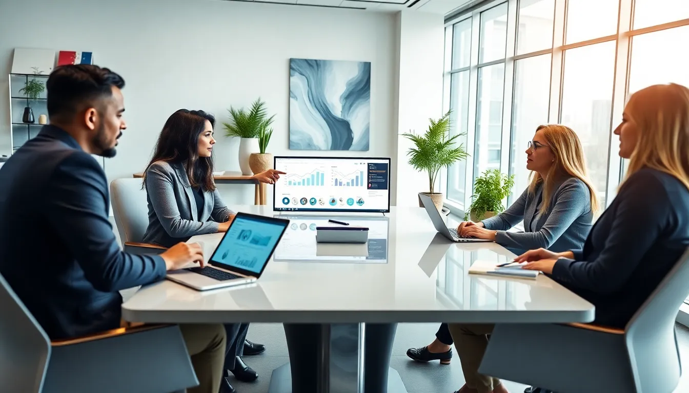 professionals discussing digital identification numbers in a modern office.